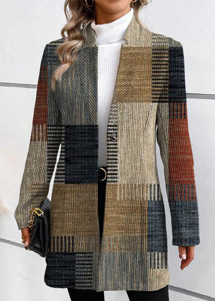 Langer Damenblazer mit Patchwork-Karomuster