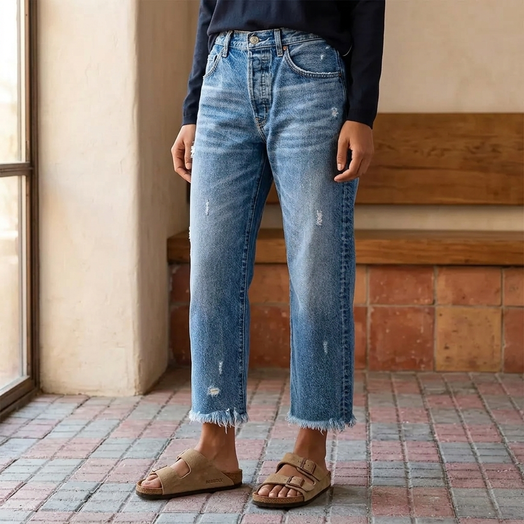 Gerade Cropped Jeans mit Fransensaum im Vintage-Look