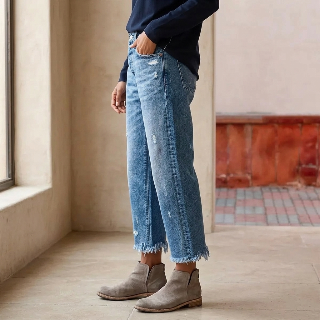 Gerade Cropped Jeans mit Fransensaum im Vintage-Look