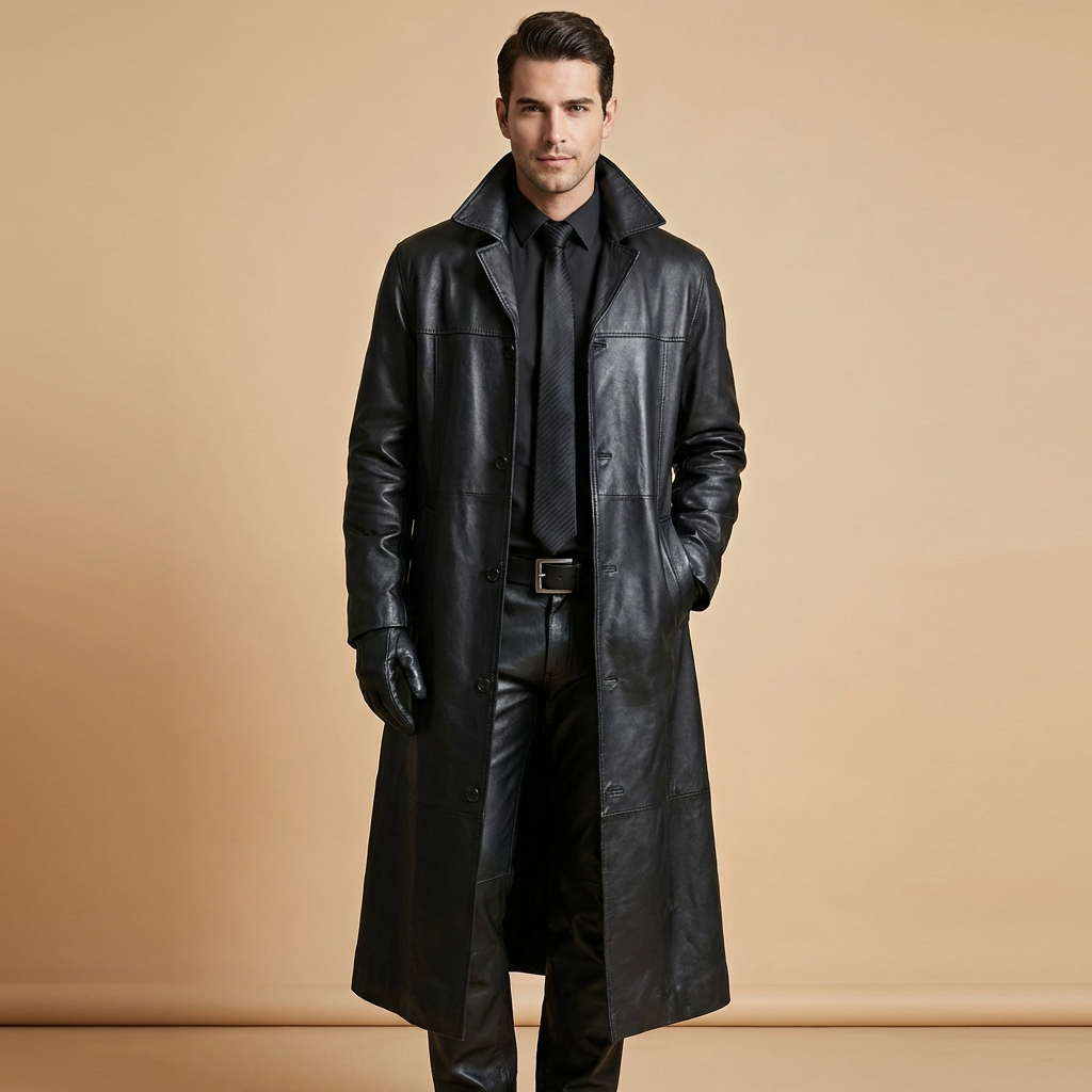Langer Herren Trenchcoat In Lederoptik