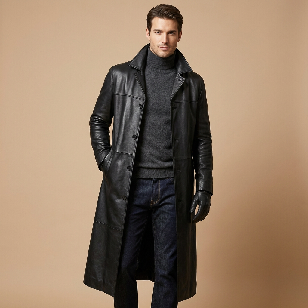Langer Herren Trenchcoat In Lederoptik
