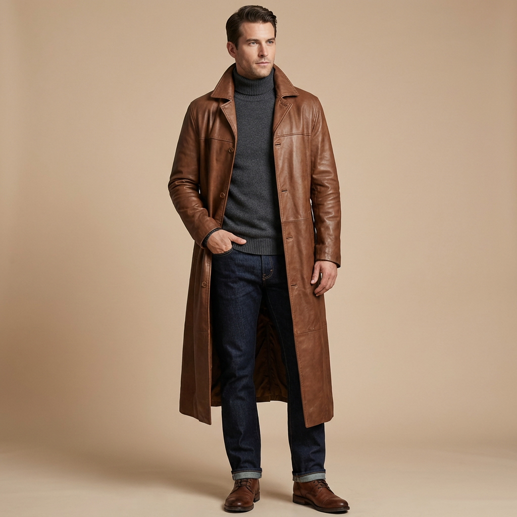 Langer Herren Trenchcoat In Lederoptik