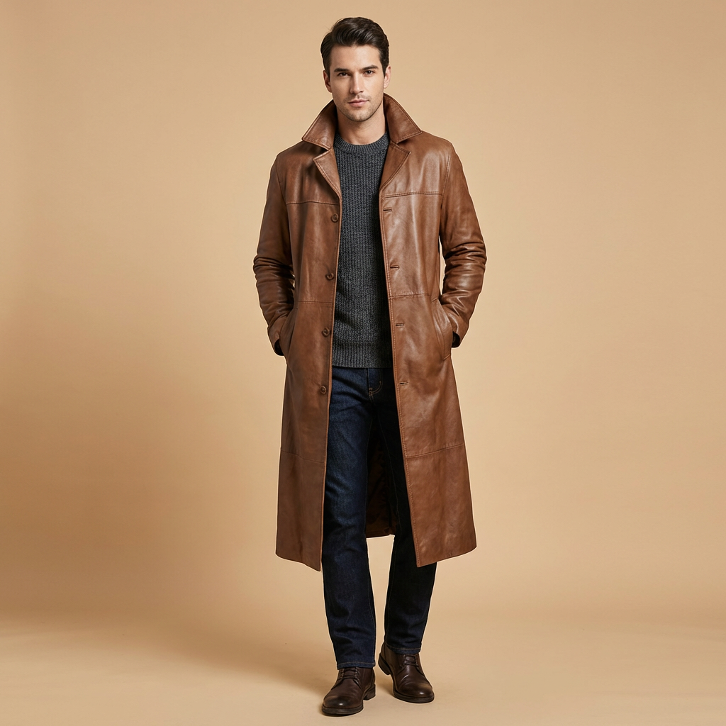 Langer Herren Trenchcoat In Lederoptik