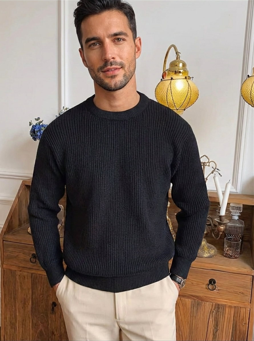 Herren Rippstrick Pullover Mit Rundhalsausschnitt