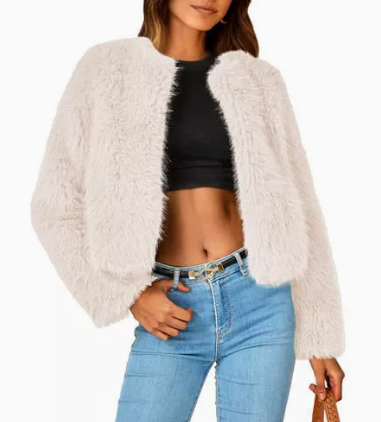 Flauschige Damen Kurzjacke aus Kunstpelz im Cardigan-Stil