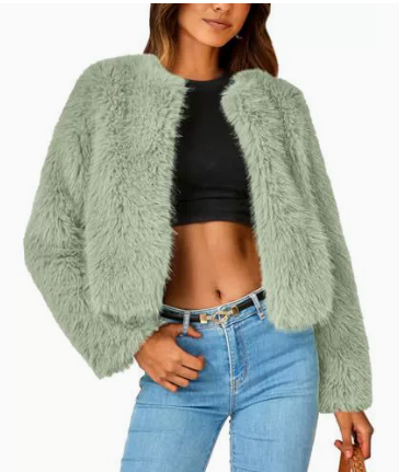 Flauschige Damen Kurzjacke aus Kunstpelz im Cardigan-Stil