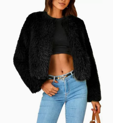 Flauschige Damen Kurzjacke aus Kunstpelz im Cardigan-Stil