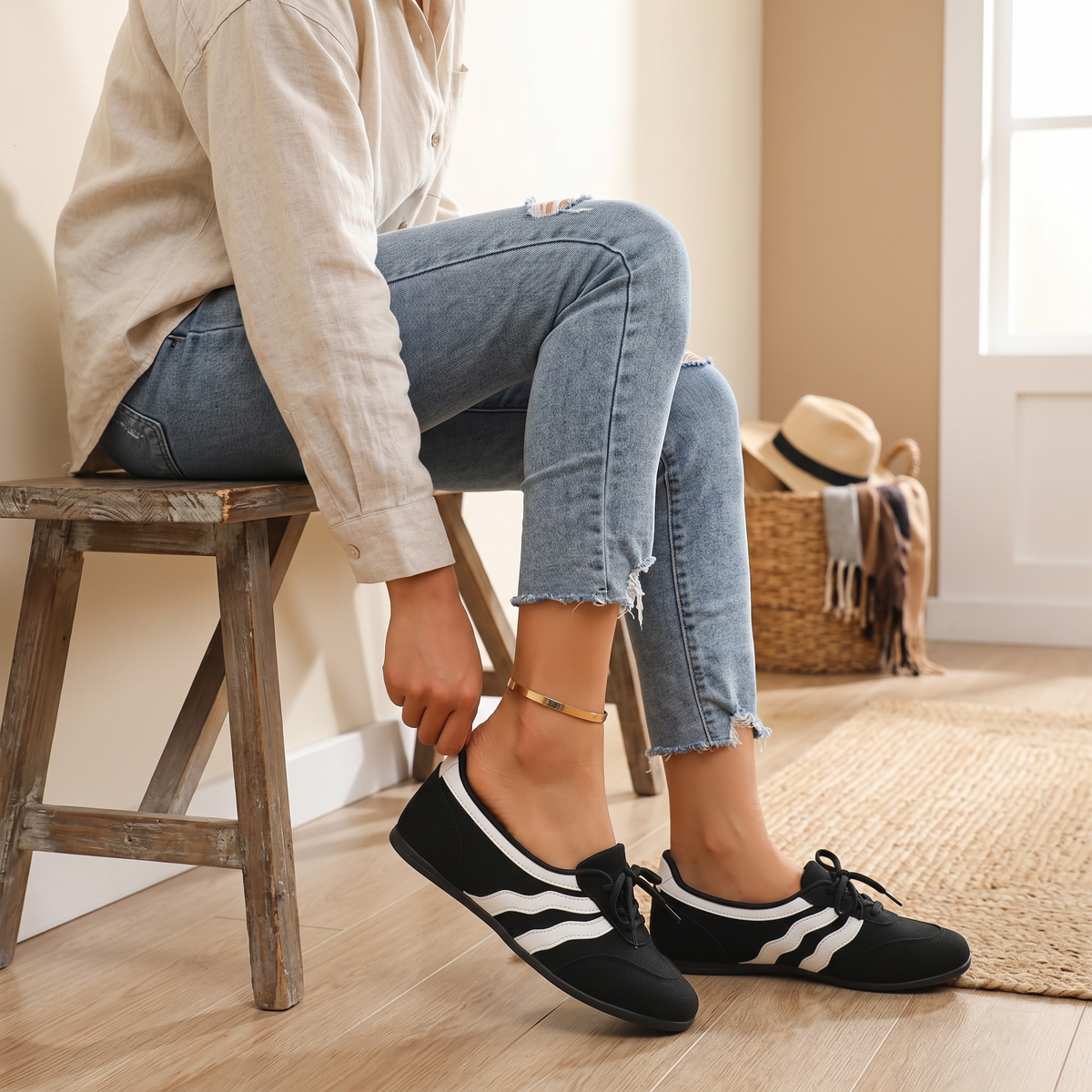 Damen Retro Slip-On Sneaker mit Wellenstreifen