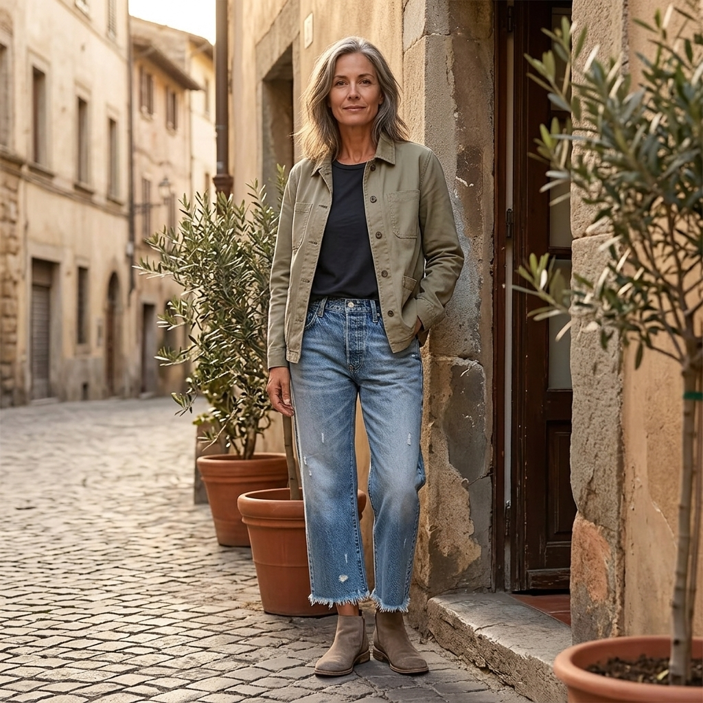 Gerade Cropped Jeans mit Fransensaum im Vintage-Look