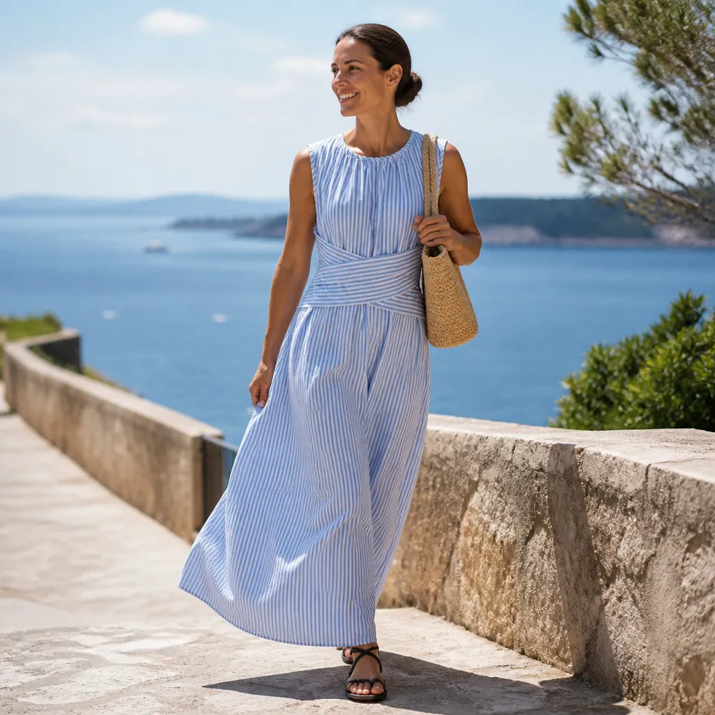 Gestreiftes Damen Maxikleid mit Wickeltaille
