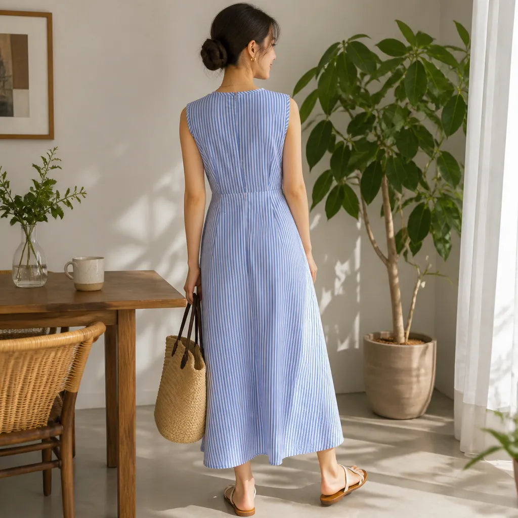 Gestreiftes Damen Maxikleid mit Wickeltaille