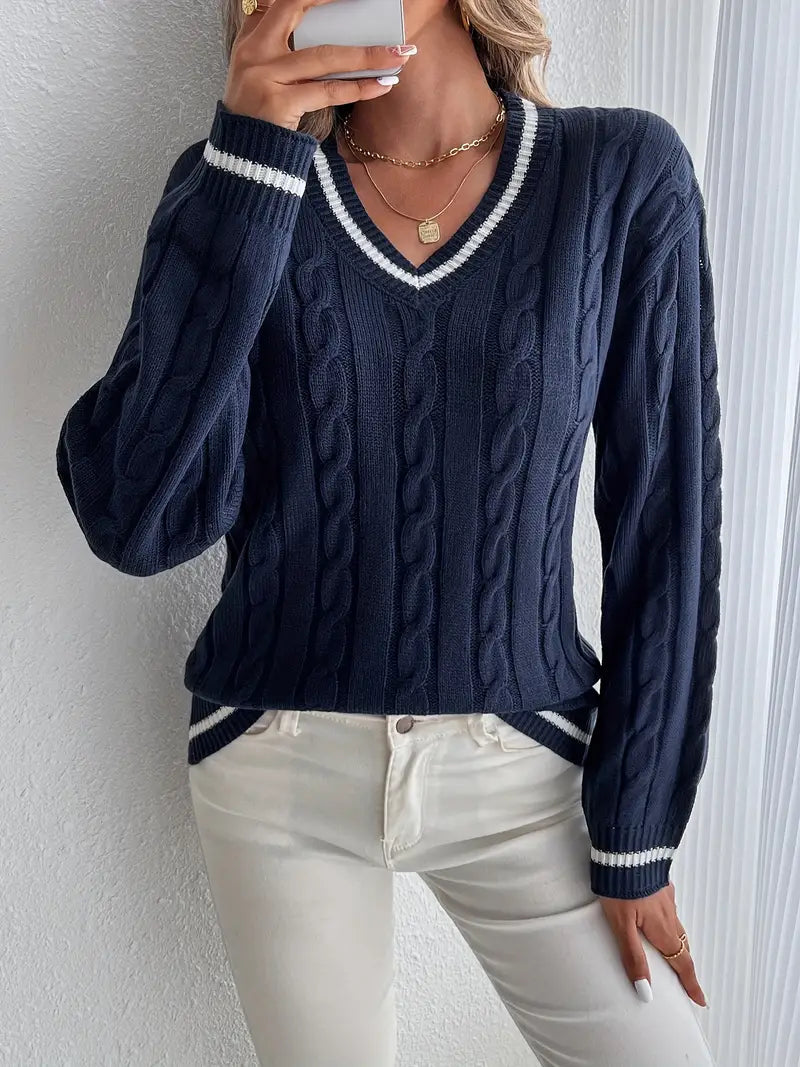 Damen Zopfstrickpullover mit V Ausschnitt und Streifenblende