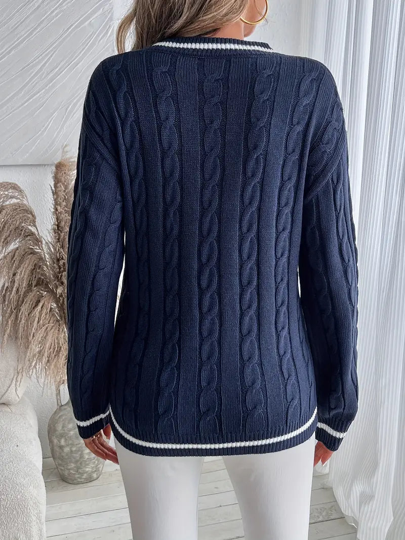 Damen Zopfstrickpullover mit V Ausschnitt und Streifenblende