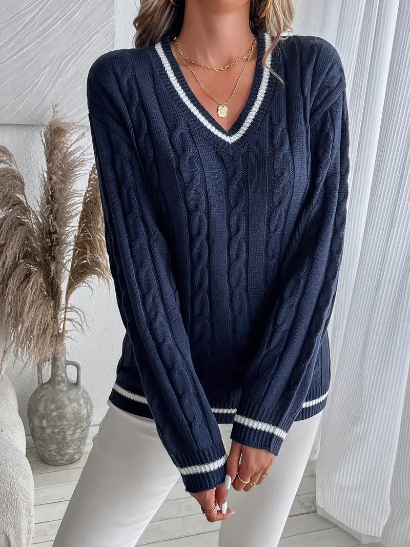 Damen Zopfstrickpullover mit V Ausschnitt und Streifenblende