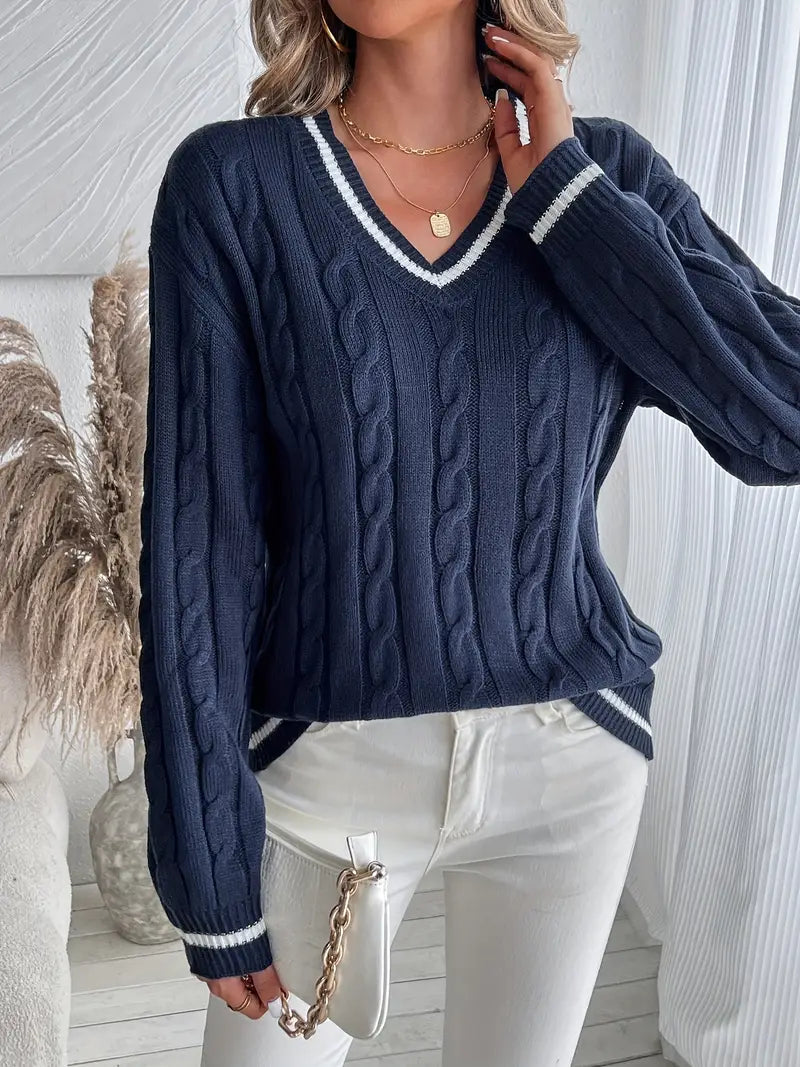Damen Zopfstrickpullover mit V Ausschnitt und Streifenblende