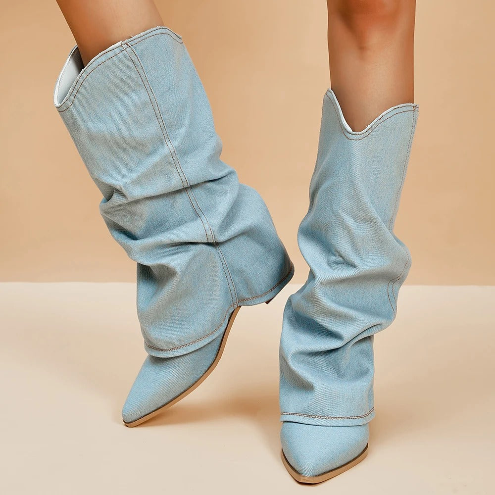 Hohe Damen Plissee Stiefel mit spitzer Zehe und Blockabsatz