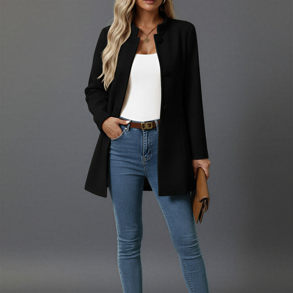 Manteau trapèze à boutonnage et col montant