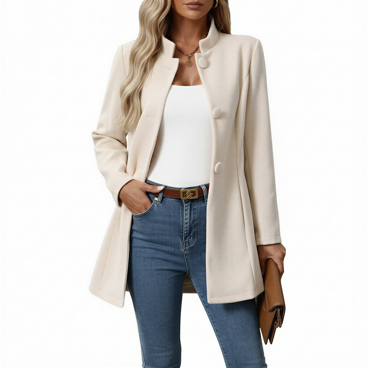 Manteau trapèze à boutonnage et col montant