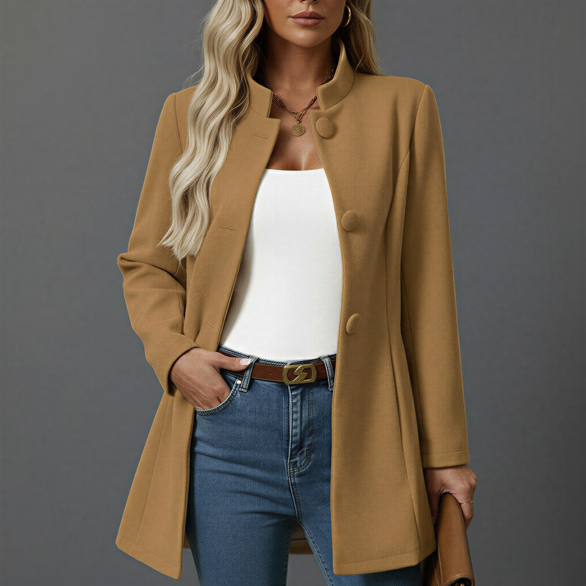 Manteau trapèze à boutonnage et col montant
