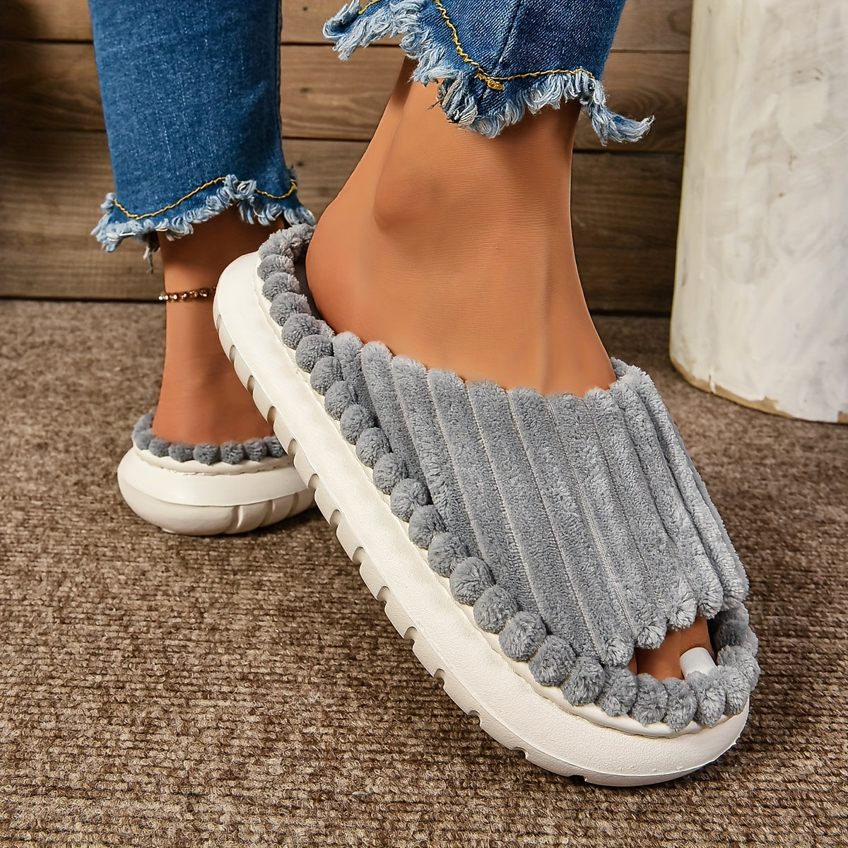 Mimi | Striped Peep Toe Cozy Slide Slippers