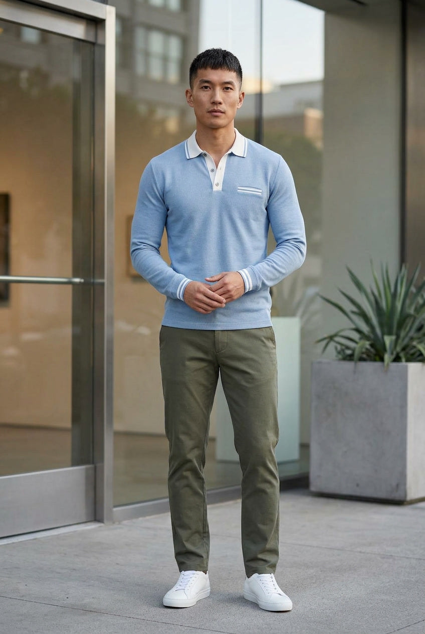 Poloshirt Herren Langarm – Kontrastdetails an Kragen & Manschetten