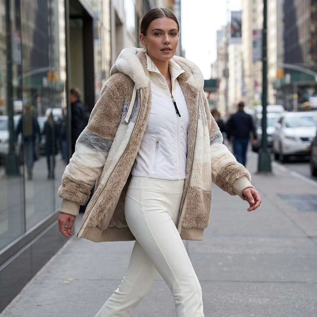 Oversized Damen Plüschmantel mit Kapuze und Kontrastfarben