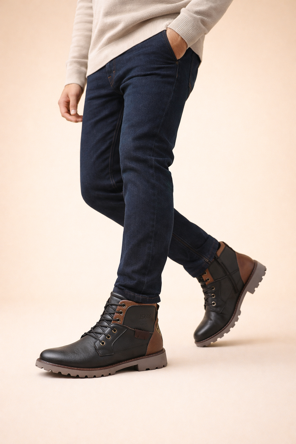 Herren Robuste Schnürstiefel mit Seitlichem Reißverschluss