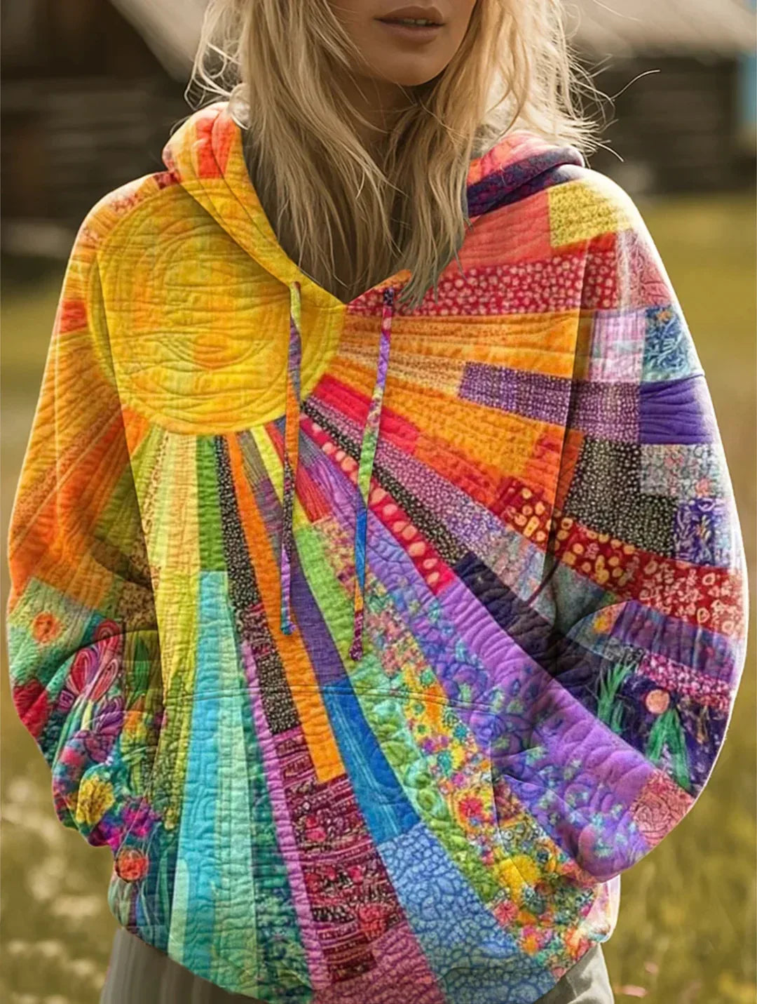 Boho Kapuzenpullover mit buntem Patchwork-Sonnenmuster