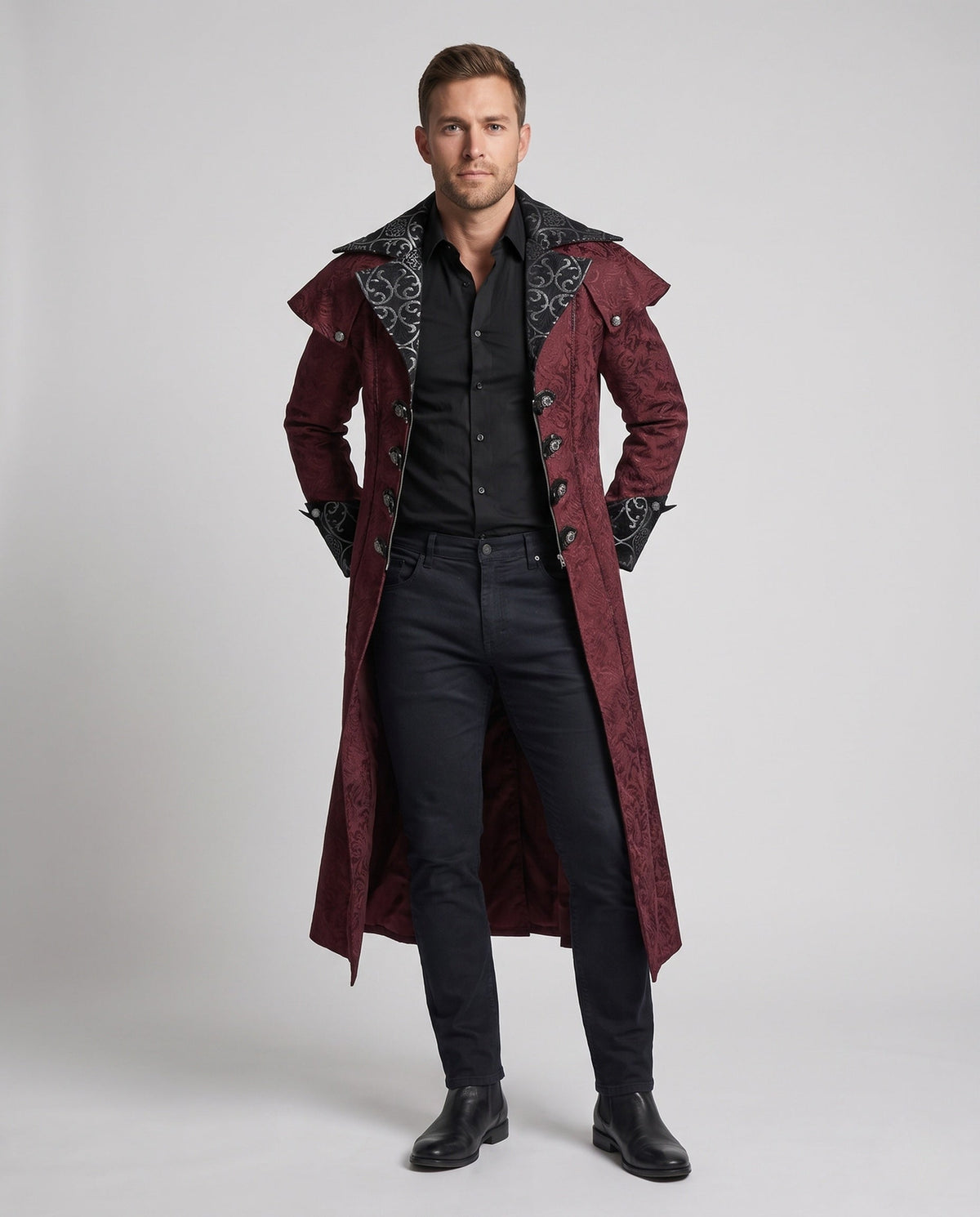 Herren Gothic Mantel mit Stehkragen und Verzierter Knopfleiste