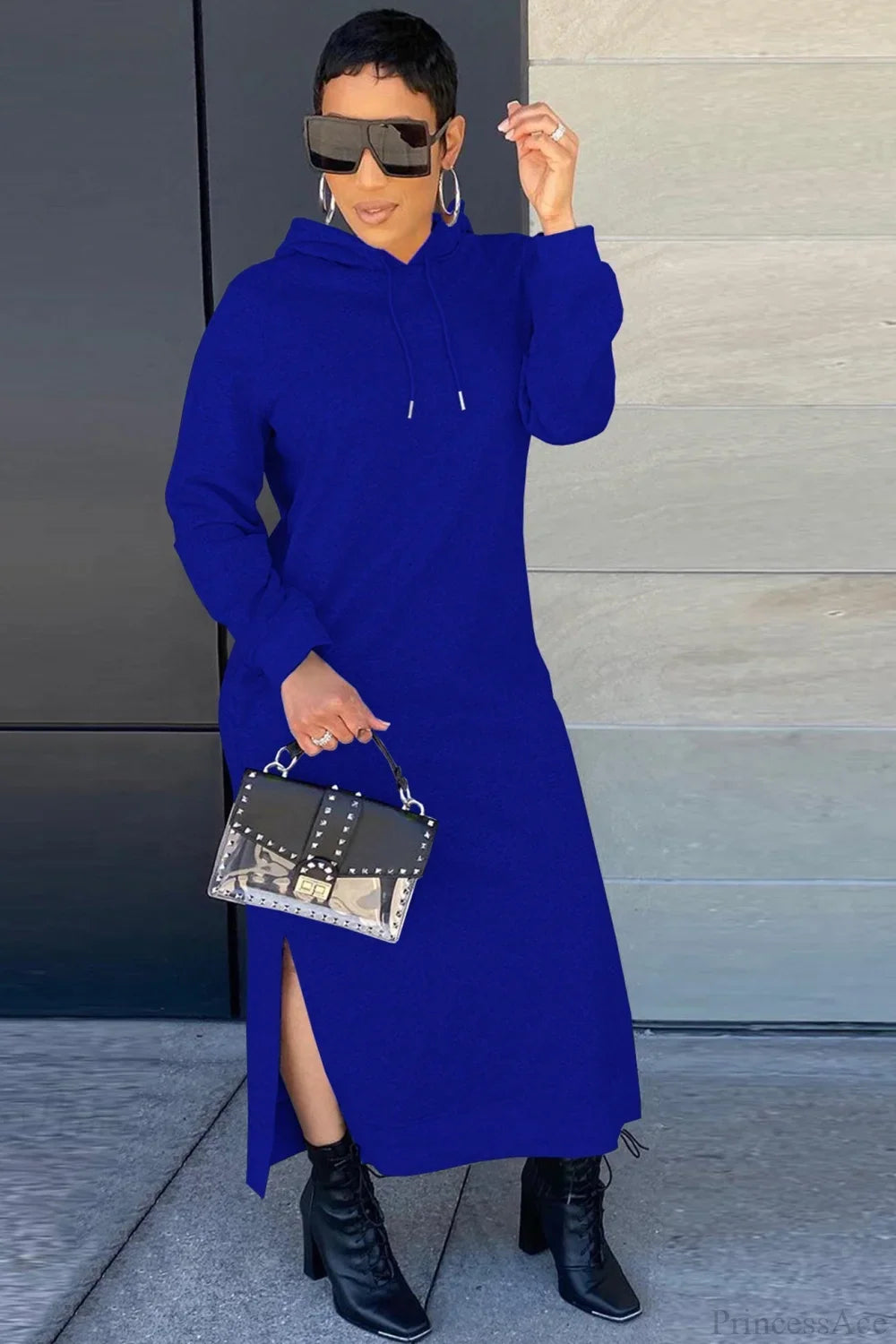 Langes Kapuzenkleid mit Beinschlitz und lockerer Taille