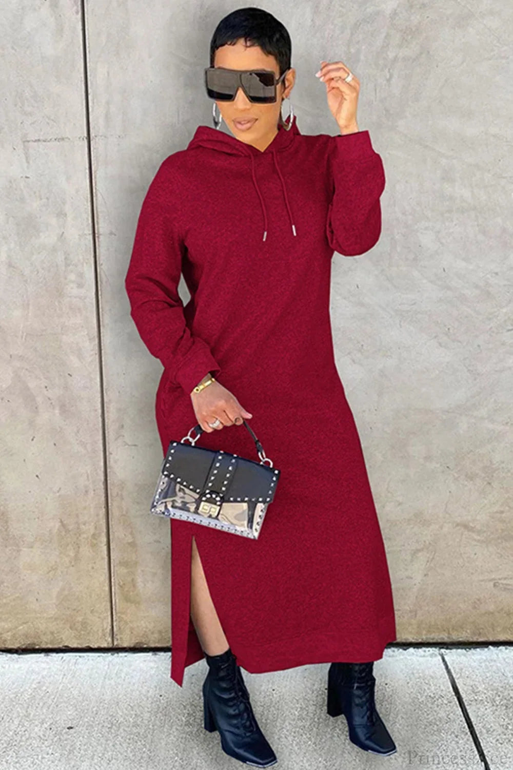 Langes Kapuzenkleid mit Beinschlitz und lockerer Taille