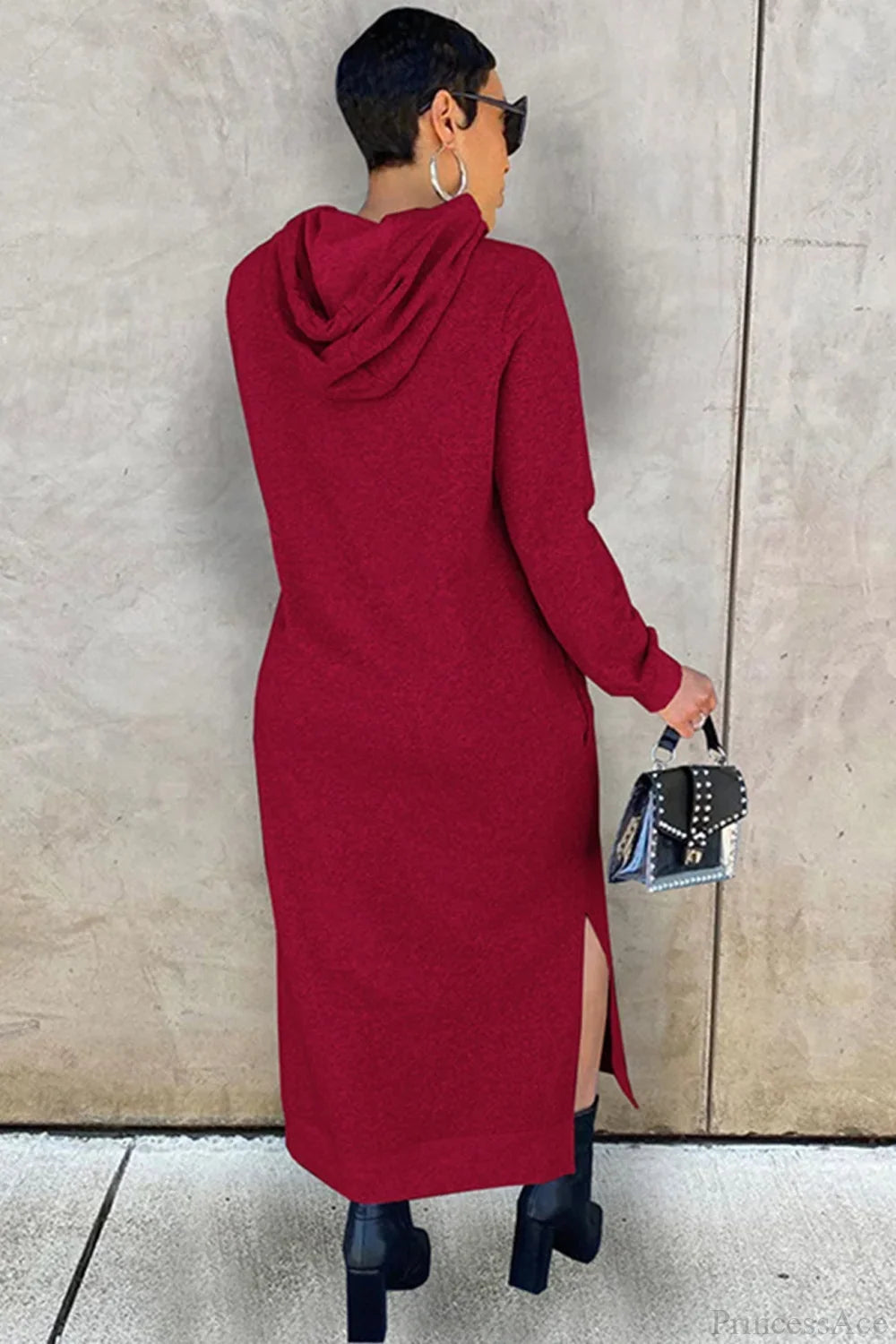 Langes Kapuzenkleid mit Beinschlitz und lockerer Taille