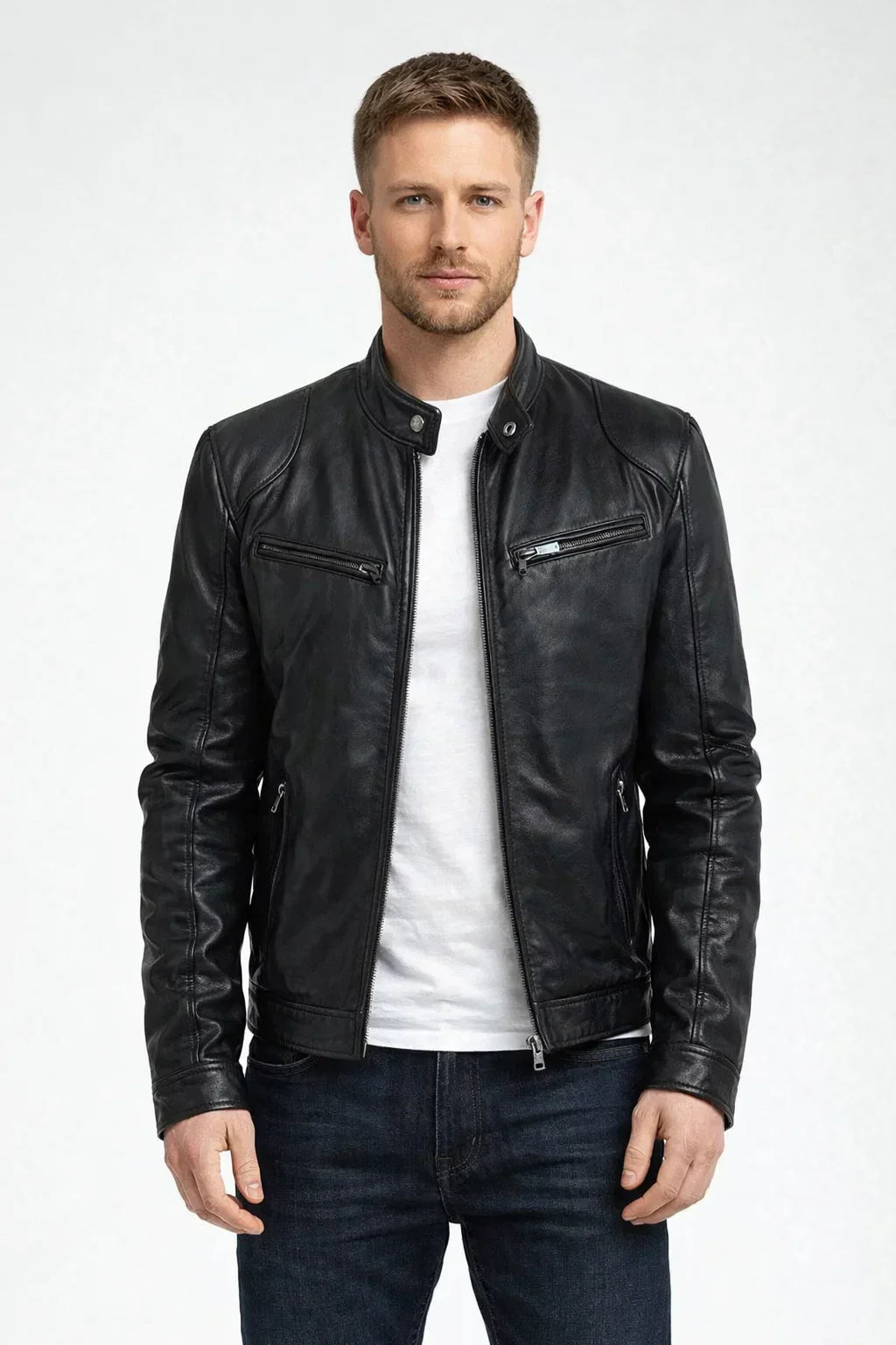 Herren Bikerjacke aus Kunstleder mit Reißverschluss