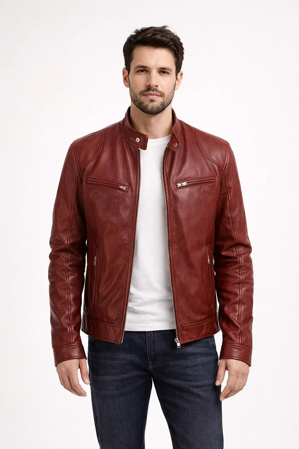 Herren Bikerjacke aus Kunstleder mit Reißverschluss