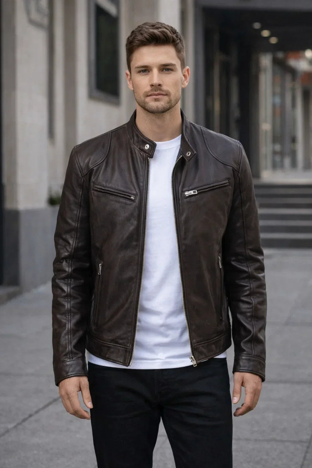 Herren Bikerjacke aus Kunstleder mit Reißverschluss