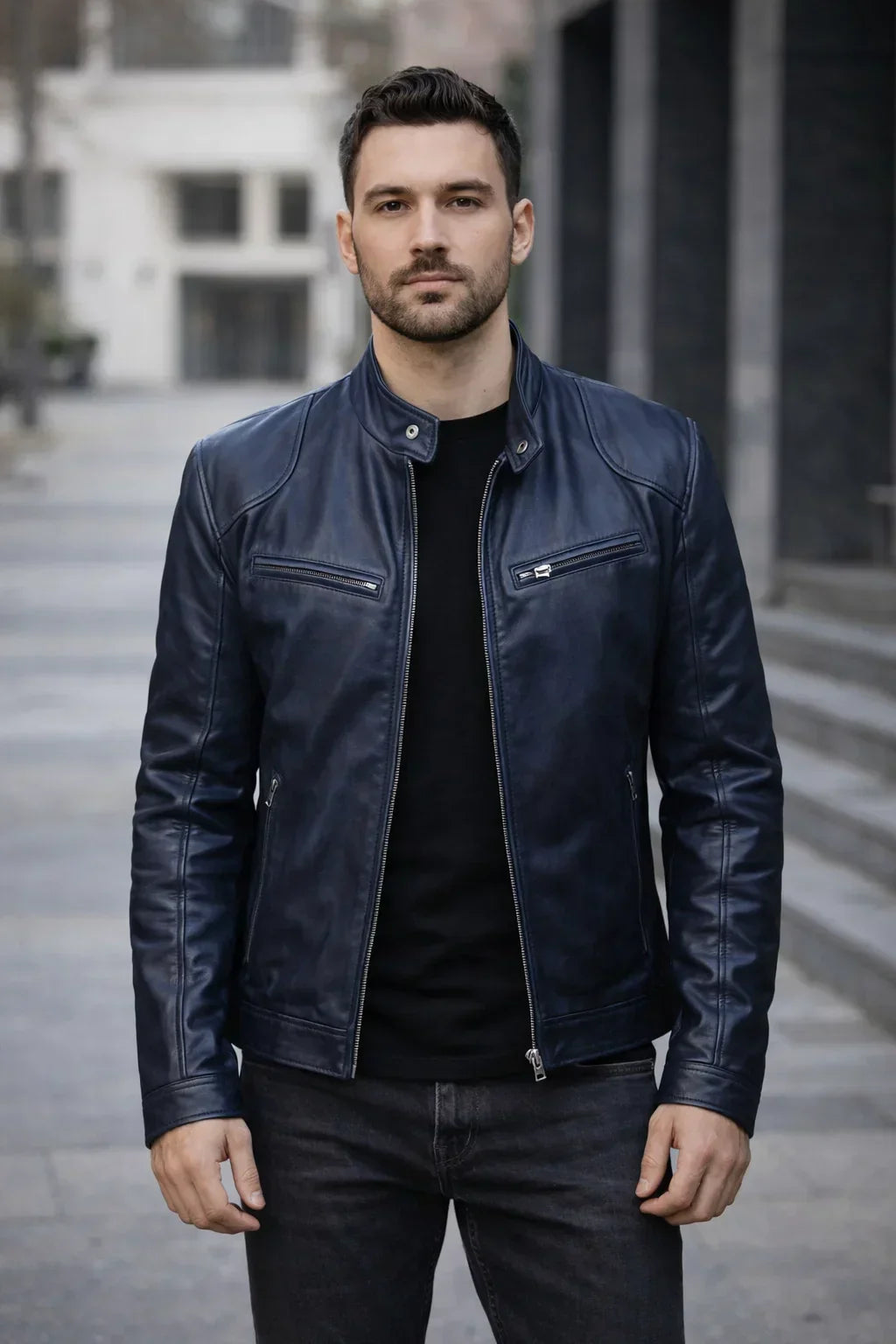 Herren Bikerjacke aus Kunstleder mit Reißverschluss