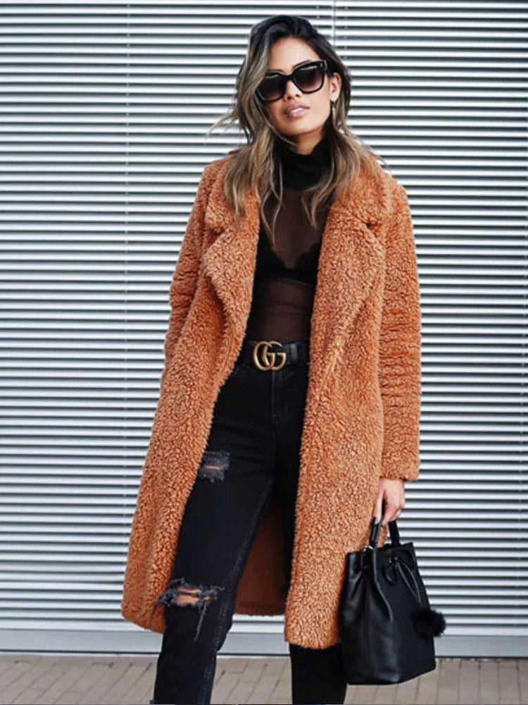 Long manteau en peluche pour femme en matière douce