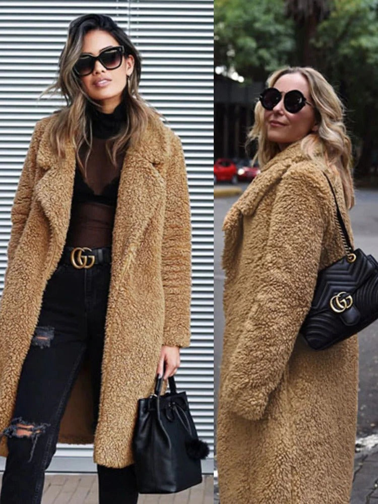 Long manteau en peluche pour femme en matière douce
