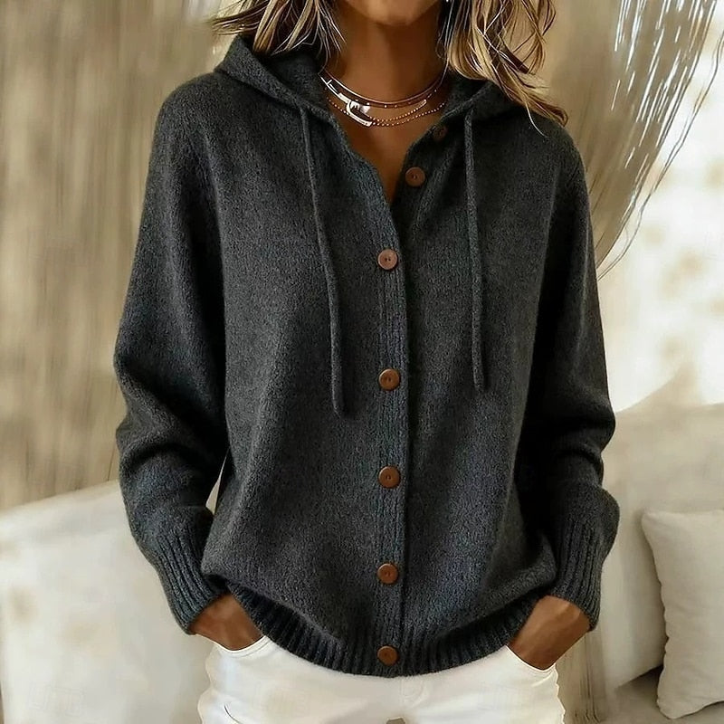 Damen Kapuzen Strickjacke mit Knopfleiste