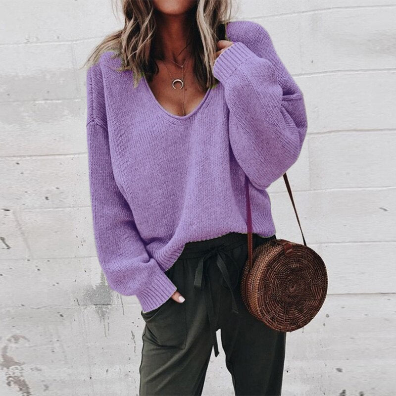 Lockerer Damen Strickpullover Mit V Ausschnitt