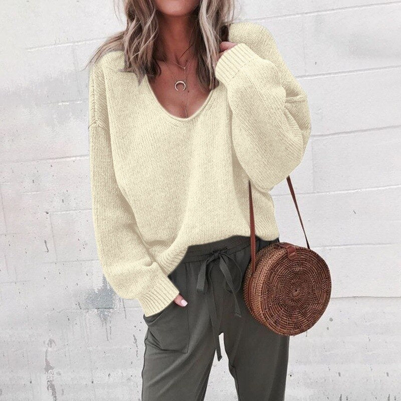 Lockerer Damen Strickpullover Mit V Ausschnitt