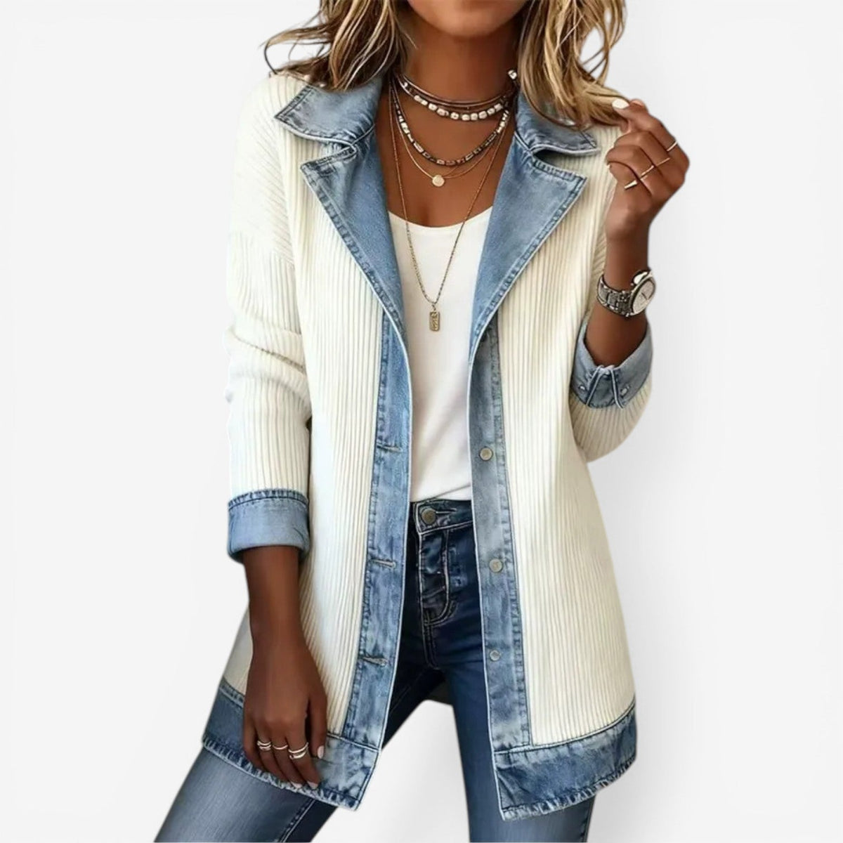 Gerippte Strick-Jeansjacke mit Reverskragen für Damen