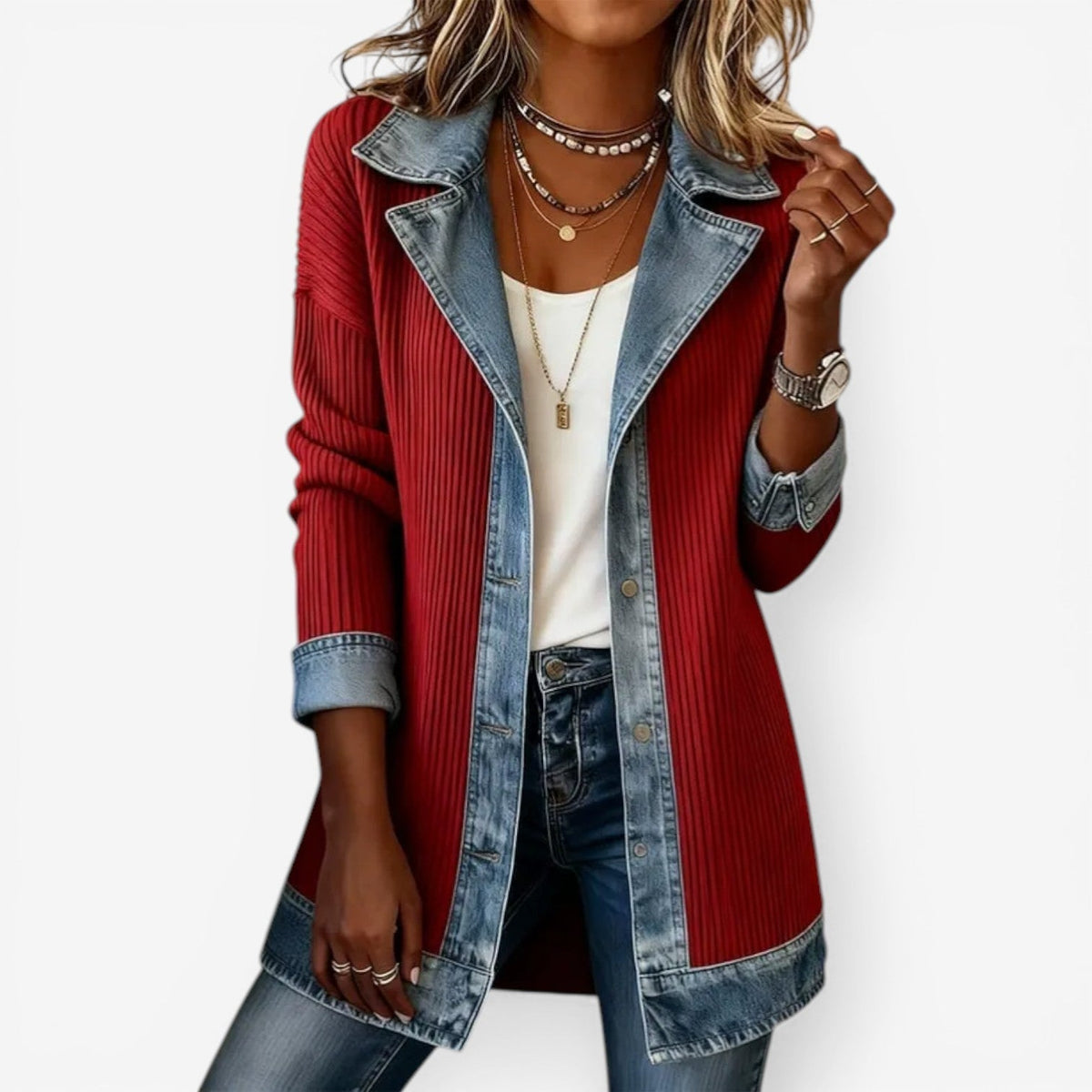 Gerippte Strick-Jeansjacke mit Reverskragen für Damen