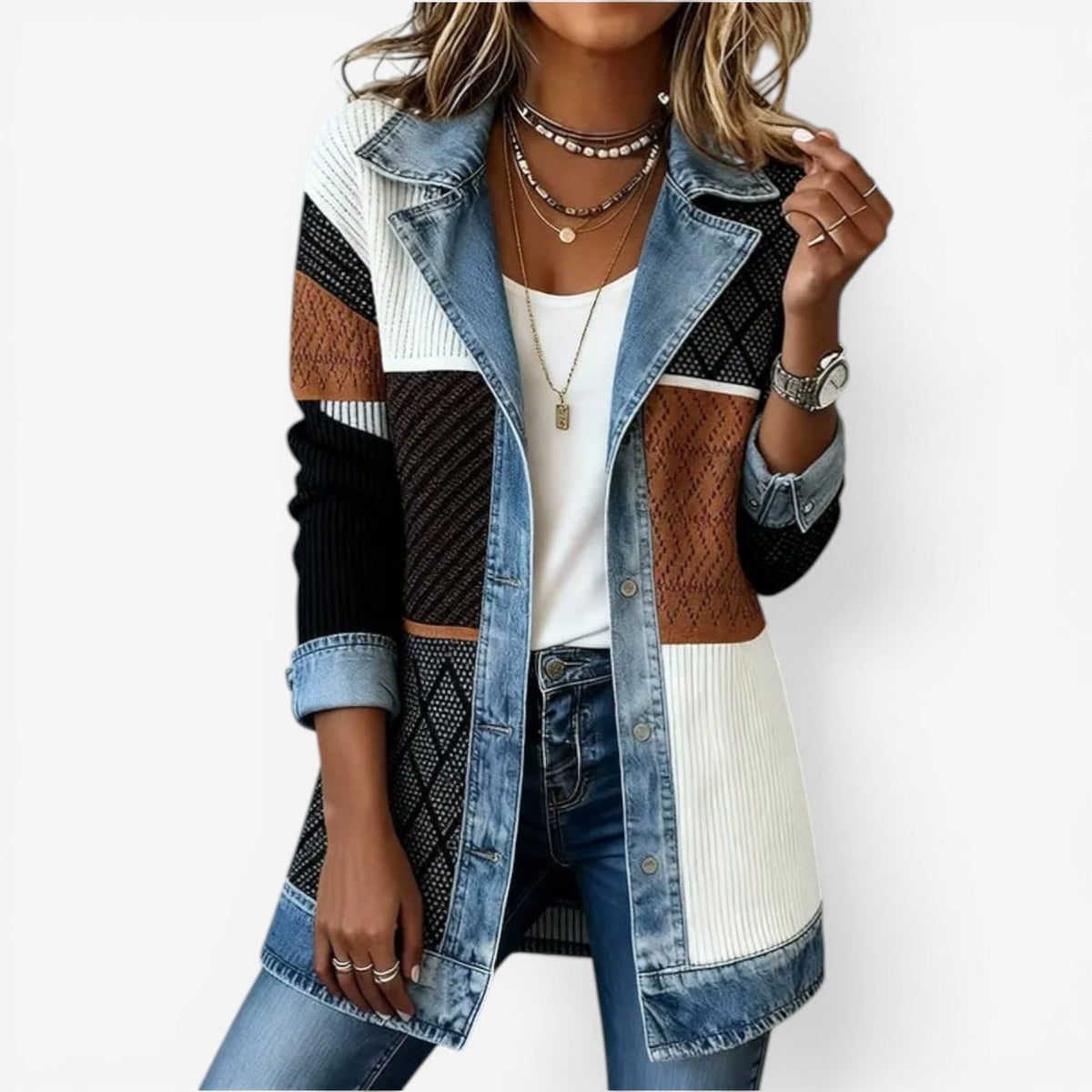 Gerippte Strick-Jeansjacke mit Reverskragen für Damen