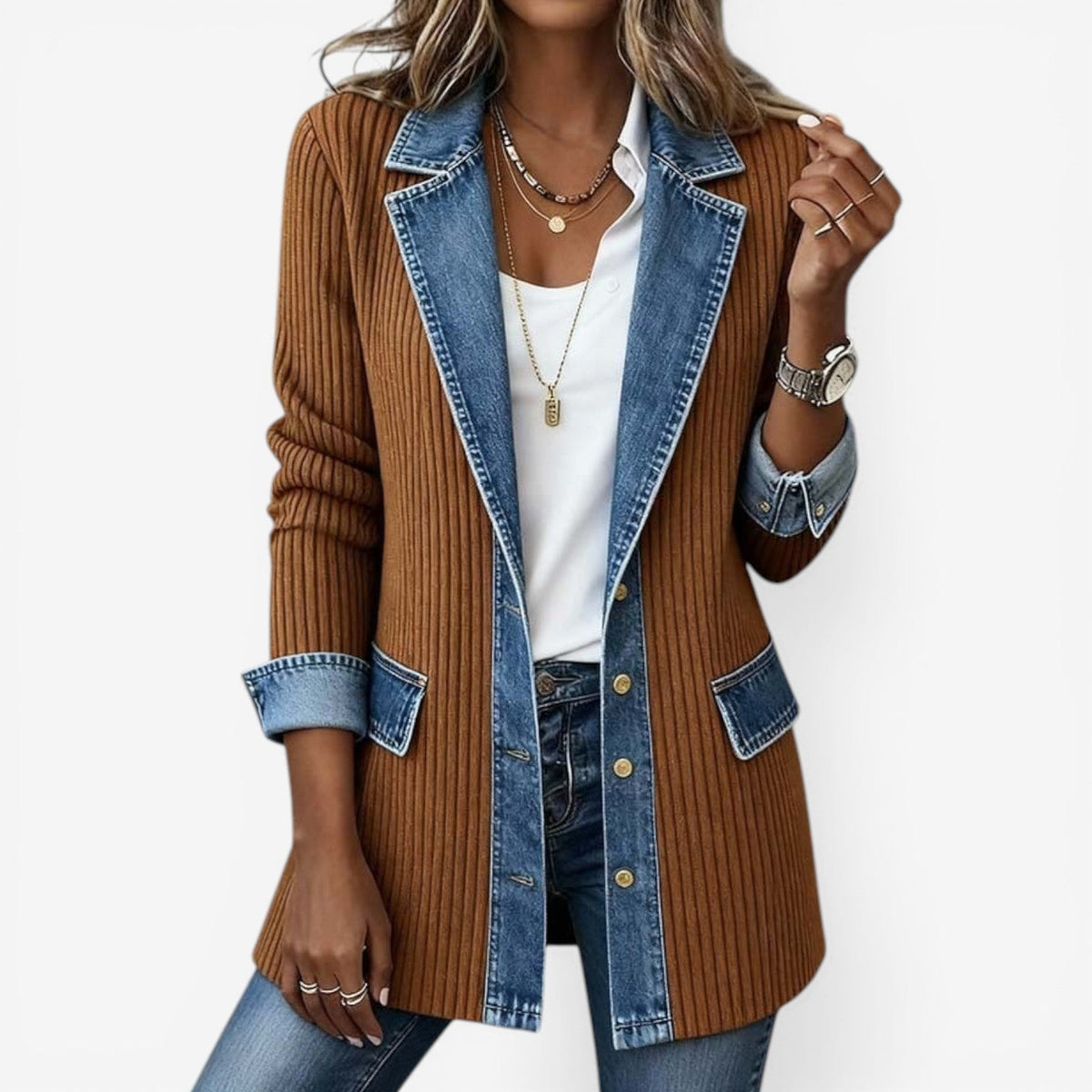 Gerippte Strick-Jeansjacke mit Reverskragen für Damen