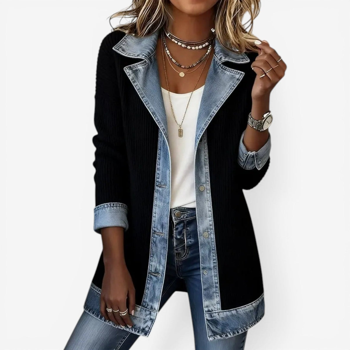 Gerippte Strick-Jeansjacke mit Reverskragen für Damen