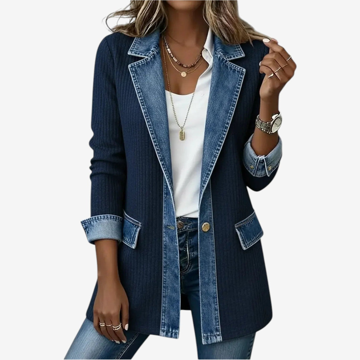 Gerippte Strick-Jeansjacke mit Reverskragen für Damen